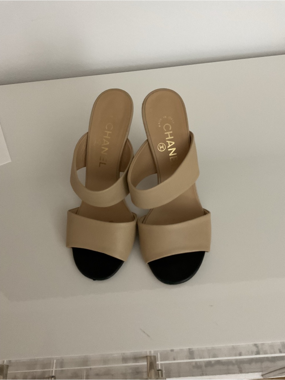 CHANEL Beige and Black Open-Toe Slide Sandals with Pearl-Embellished Heel - Picture 4 of 7